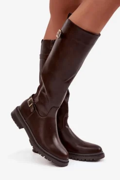 Damskie Boto Ocieplane Kozaki Damskie Na Płaskim Obcasie Z Klamrami Czekoladowe Sarelle