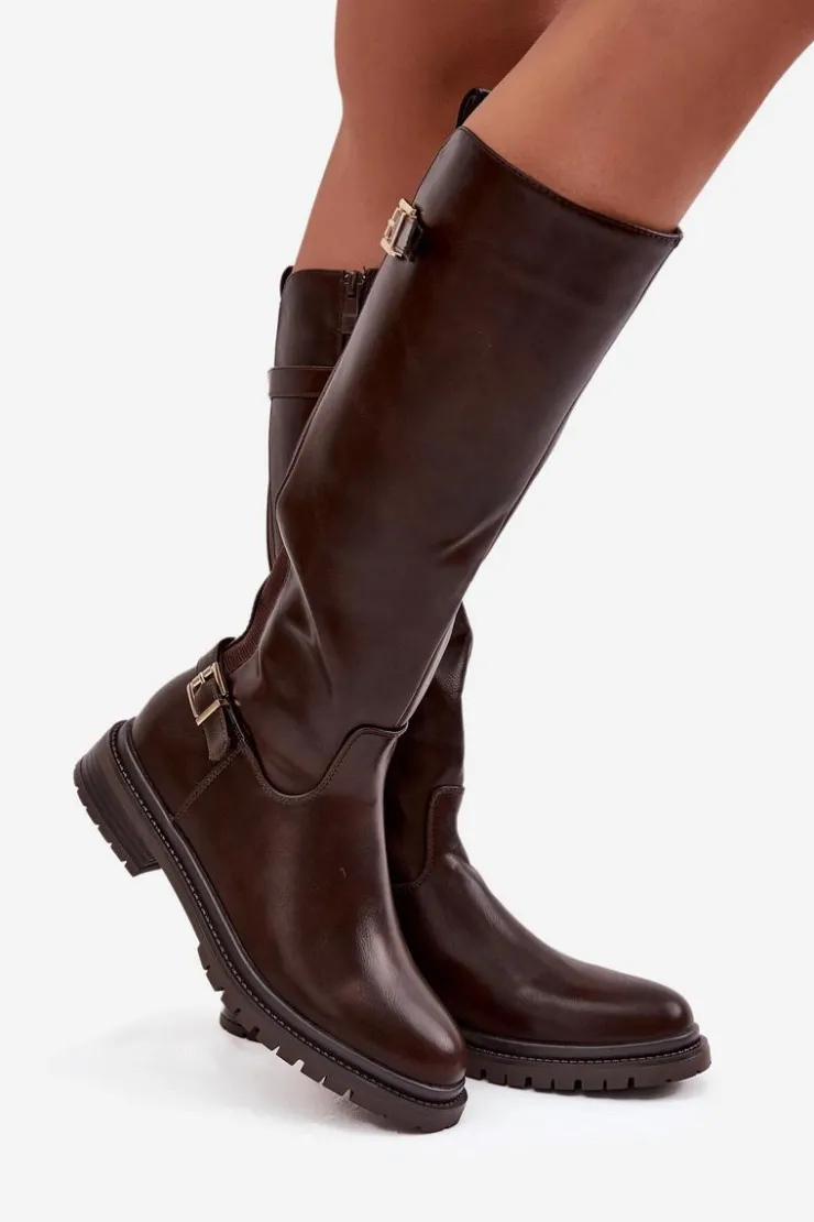 Damskie Boto Ocieplane Kozaki Damskie Na Płaskim Obcasie Z Klamrami Czekoladowe Sarelle