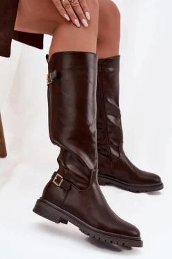 Damskie Boto Ocieplane Kozaki Damskie Na Płaskim Obcasie Z Klamrami Czekoladowe Sarelle