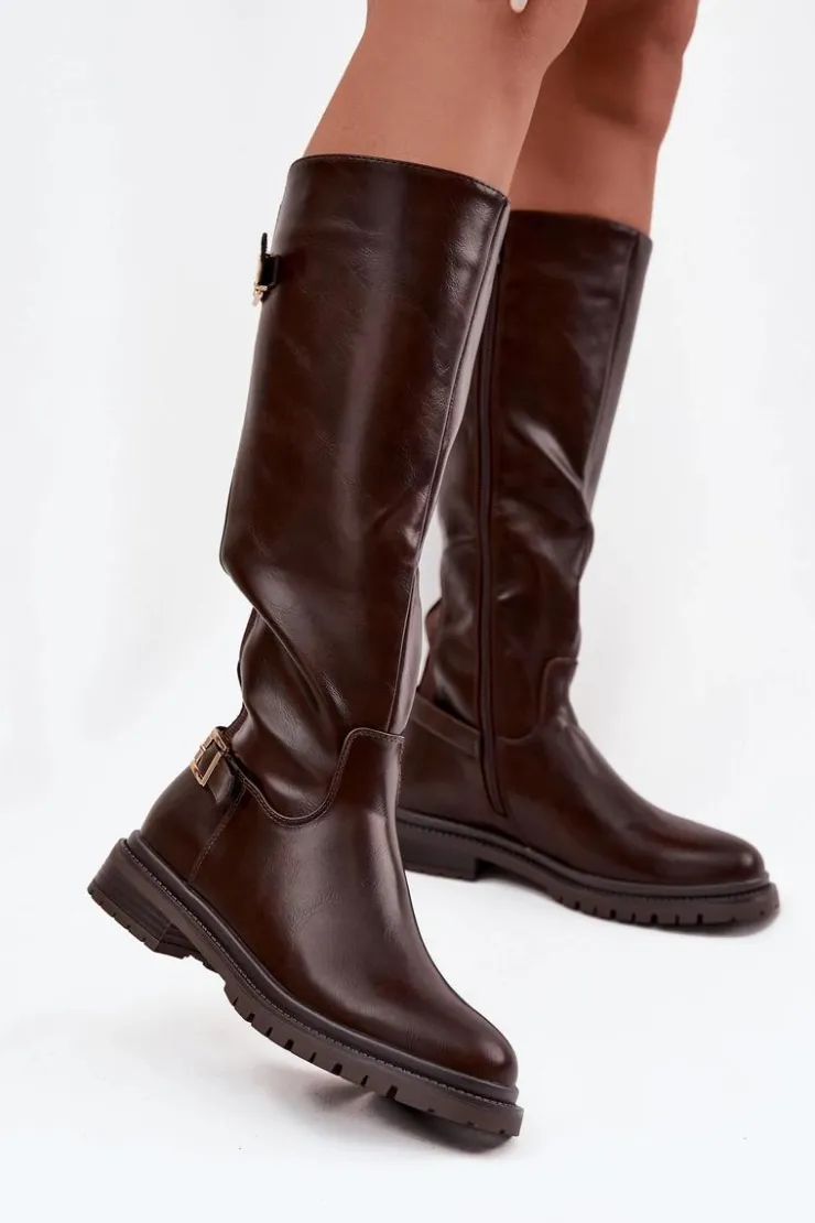 Damskie Boto Ocieplane Kozaki Damskie Na Płaskim Obcasie Z Klamrami Czekoladowe Sarelle