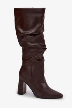 Boto Kozaki Na Słupku|Kozaki Przed Kolano*Ocieplane Kozaki Damskie Na Słupku Z Marszczeniem Czekoladowe Dariane Brązowy