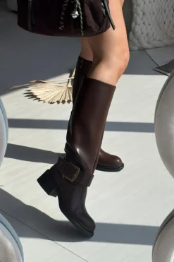 Damskie Boto Ocieplane Kozaki Damskie Na Klocku Z Klamrą Czekoladowe Raphaela