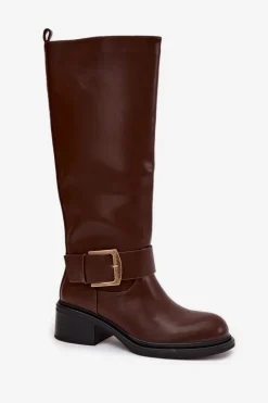 Damskie Boto Ocieplane Kozaki Damskie Na Klocku Z Klamrą Czekoladowe Raphaela