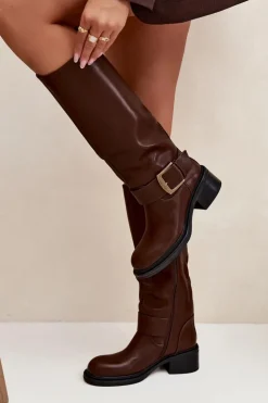 Damskie Boto Ocieplane Kozaki Damskie Na Klocku Z Klamrą Czekoladowe Raphaela