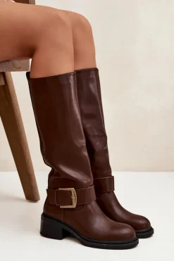 Damskie Boto Ocieplane Kozaki Damskie Na Klocku Z Klamrą Czekoladowe Raphaela