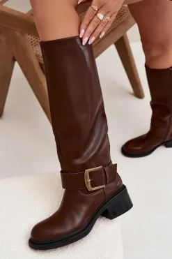 Damskie Boto Ocieplane Kozaki Damskie Na Klocku Z Klamrą Czekoladowe Raphaela