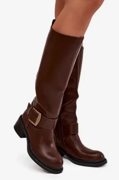 Damskie Boto Ocieplane Kozaki Damskie Na Klocku Z Klamrą Czekoladowe Raphaela