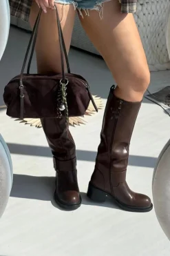 Damskie Boto Ocieplane Kozaki Damskie Na Klocku Z Klamrą Czekoladowe Raphaela