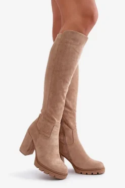 Boto Kozaki Przed Kolano|Kozaki Na Obcasie*Ocieplane Kozaki Damskie Na Słupku Eko Zamszowe Beżowe Tirisha