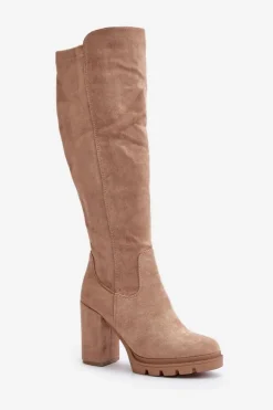 Boto Kozaki Przed Kolano|Kozaki Na Obcasie*Ocieplane Kozaki Damskie Na Słupku Eko Zamszowe Beżowe Tirisha