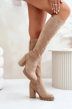 Boto Kozaki Przed Kolano|Kozaki Na Obcasie*Ocieplane Kozaki Damskie Na Słupku Eko Zamszowe Beżowe Tirisha
