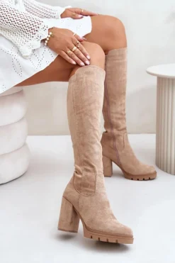 Boto Kozaki Przed Kolano|Kozaki Na Obcasie*Ocieplane Kozaki Damskie Na Słupku Eko Zamszowe Beżowe Tirisha
