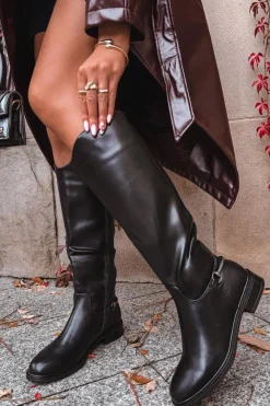 Discount Boto Ocieplane Kozaki Damskie Na Płaskim Obcasie Z Ozdobnym Detalem Czarne Renaya Czarny