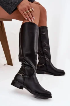 Discount Boto Ocieplane Kozaki Damskie Na Płaskim Obcasie Z Ozdobnym Detalem Czarne Renaya Czarny