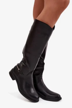 Discount Boto Ocieplane Kozaki Damskie Na Płaskim Obcasie Z Ozdobnym Detalem Czarne Renaya Czarny