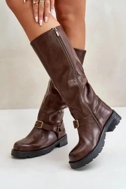 Damskie Boto Ocieplane Kozaki Damskie Na Zamek Eko Skórzane Brązowe Tialethe