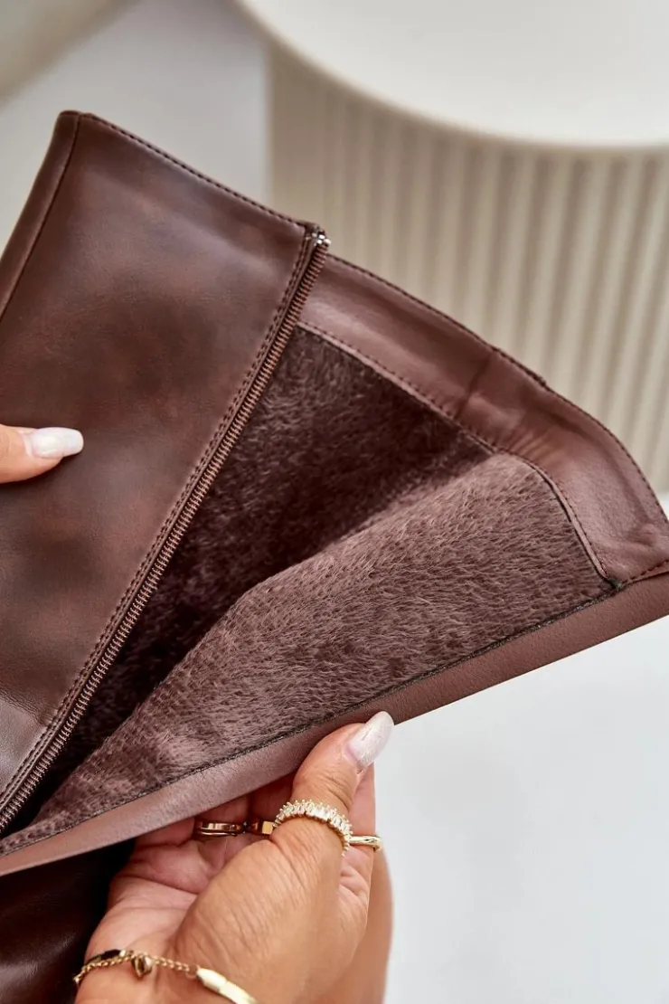 Damskie Boto Ocieplane Kozaki Damskie Na Zamek Eko Skórzane Brązowe Tialethe