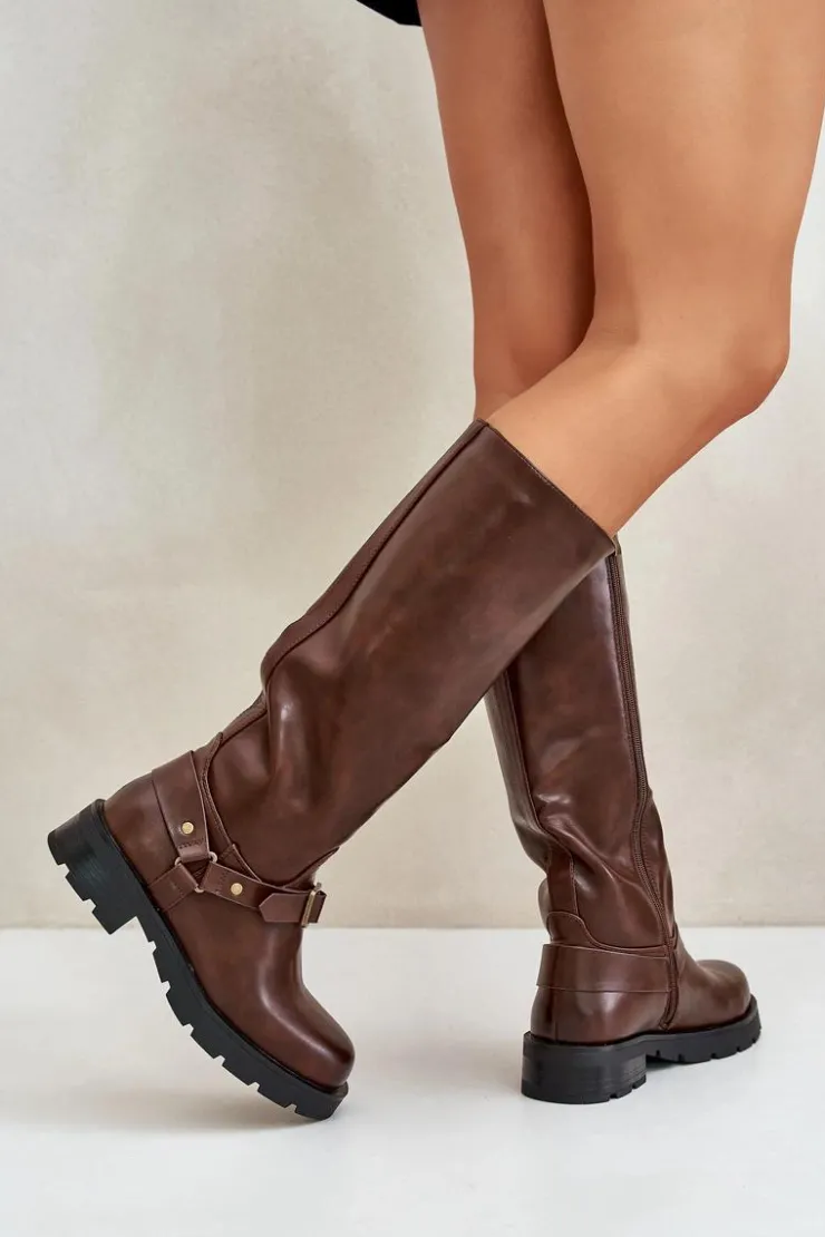 Damskie Boto Ocieplane Kozaki Damskie Na Zamek Eko Skórzane Brązowe Tialethe