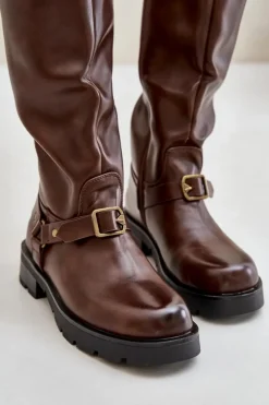 Damskie Boto Ocieplane Kozaki Damskie Na Zamek Eko Skórzane Brązowe Tialethe