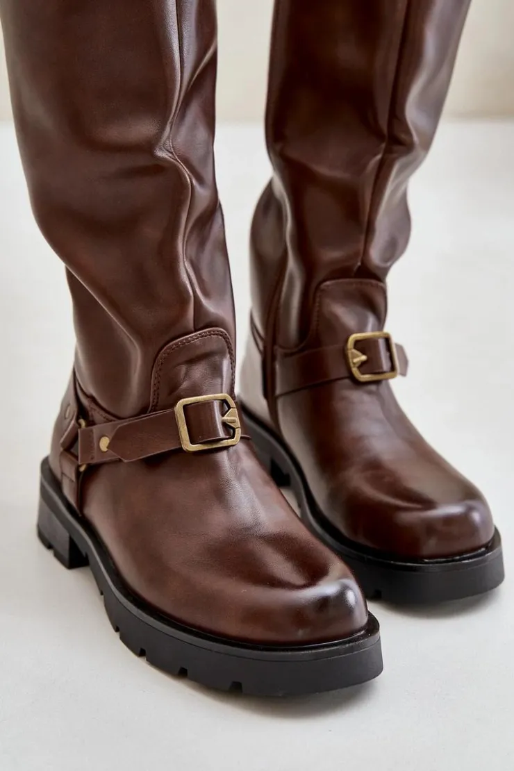 Damskie Boto Ocieplane Kozaki Damskie Na Zamek Eko Skórzane Brązowe Tialethe