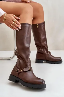 Damskie Boto Ocieplane Kozaki Damskie Na Zamek Eko Skórzane Brązowe Tialethe
