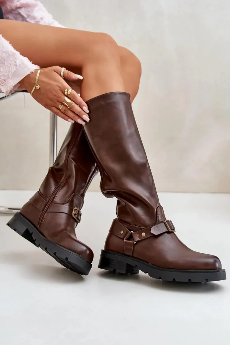 Damskie Boto Ocieplane Kozaki Damskie Na Zamek Eko Skórzane Brązowe Tialethe