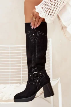 Clearance Boto Ocieplane Kozaki Damskie Na Słupku Z Przeszyciami Czarne Alessara Czarny