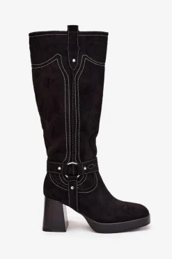 Clearance Boto Ocieplane Kozaki Damskie Na Słupku Z Przeszyciami Czarne Alessara Czarny