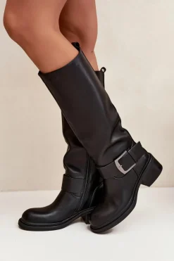 Damskie Boto Ocieplane Kozaki Damskie Na Klocku Z Klamrą Czarne Raphaela