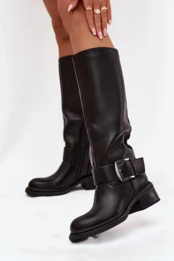 Damskie Boto Ocieplane Kozaki Damskie Na Klocku Z Klamrą Czarne Raphaela