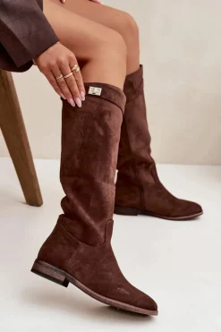 Damskie Boto Ocieplane Kozaki Damskie Na Płaskim Obcasie Z Paskiem I Srebrnym Detalem Brązowe Geraline