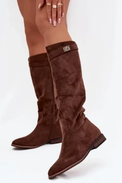 Damskie Boto Ocieplane Kozaki Damskie Na Płaskim Obcasie Z Paskiem I Srebrnym Detalem Brązowe Geraline