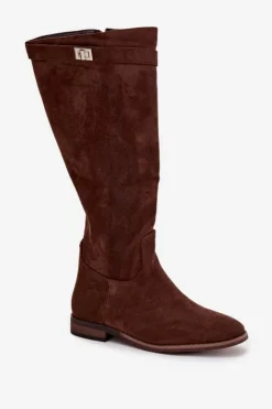 Damskie Boto Ocieplane Kozaki Damskie Na Płaskim Obcasie Z Paskiem I Srebrnym Detalem Brązowe Geraline