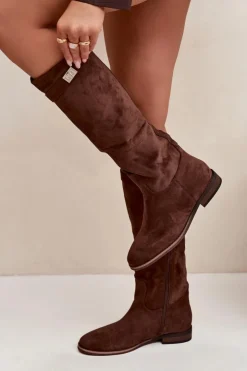 Damskie Boto Ocieplane Kozaki Damskie Na Płaskim Obcasie Z Paskiem I Srebrnym Detalem Brązowe Geraline