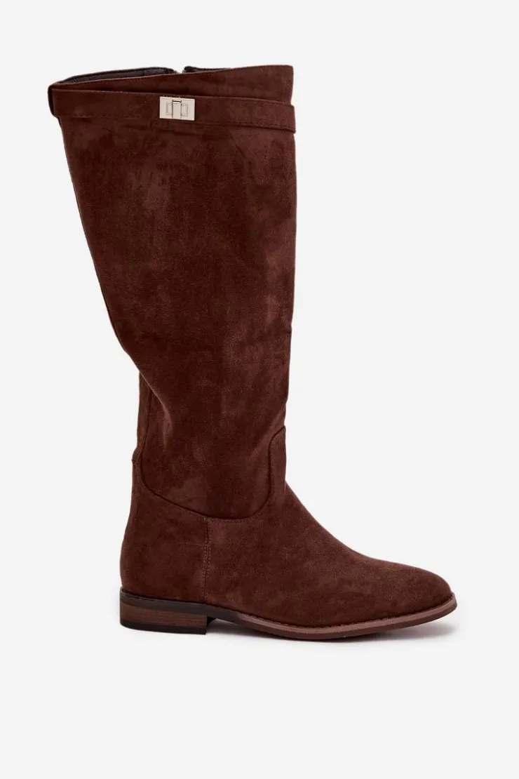 Damskie Boto Ocieplane Kozaki Damskie Na Płaskim Obcasie Z Paskiem I Srebrnym Detalem Brązowe Geraline