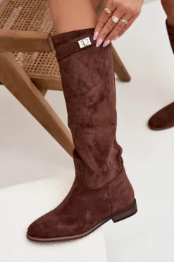 Damskie Boto Ocieplane Kozaki Damskie Na Płaskim Obcasie Z Paskiem I Srebrnym Detalem Brązowe Geraline