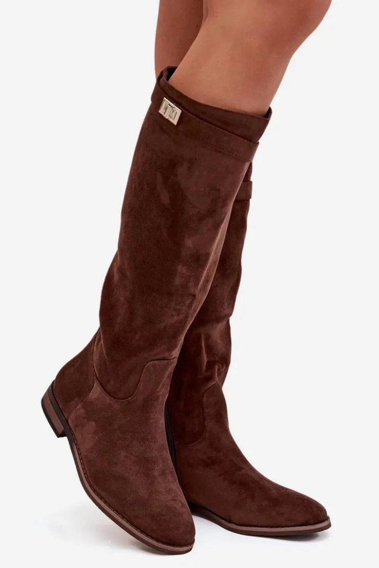 Damskie Boto Ocieplane Kozaki Damskie Na Płaskim Obcasie Z Paskiem I Srebrnym Detalem Brązowe Geraline