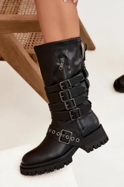 Best Boto Ocieplane Kozaki Damskie Z Paskami I Klamrami Czarne Ivaline Czarny