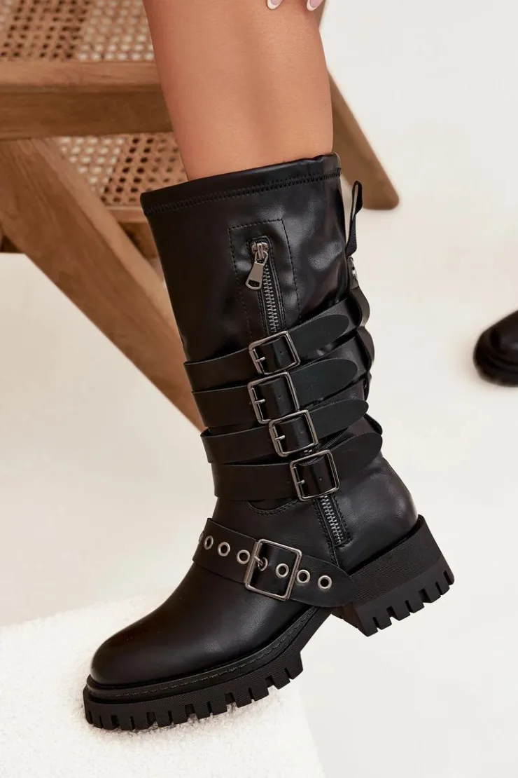 Best Boto Ocieplane Kozaki Damskie Z Paskami I Klamrami Czarne Ivaline Czarny