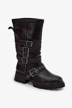 Best Boto Ocieplane Kozaki Damskie Z Paskami I Klamrami Czarne Ivaline Czarny