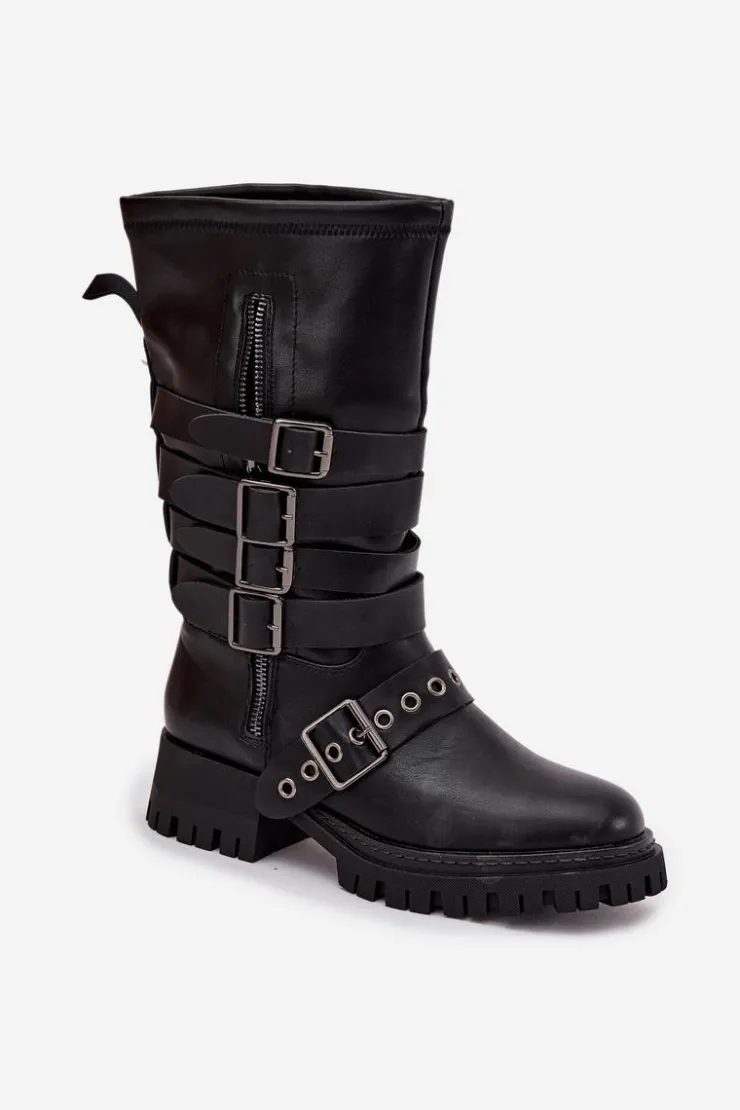 Best Boto Ocieplane Kozaki Damskie Z Paskami I Klamrami Czarne Ivaline Czarny