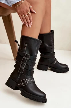 Best Boto Ocieplane Kozaki Damskie Z Paskami I Klamrami Czarne Ivaline Czarny