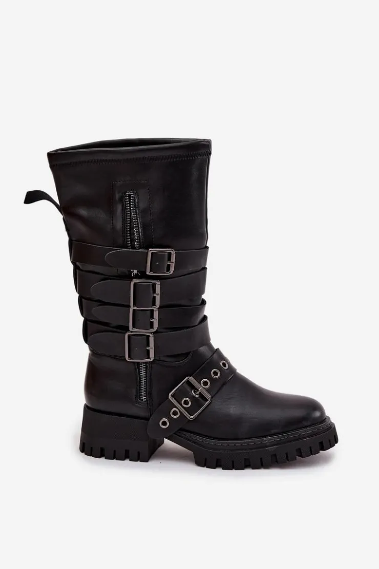 Best Boto Ocieplane Kozaki Damskie Z Paskami I Klamrami Czarne Ivaline Czarny