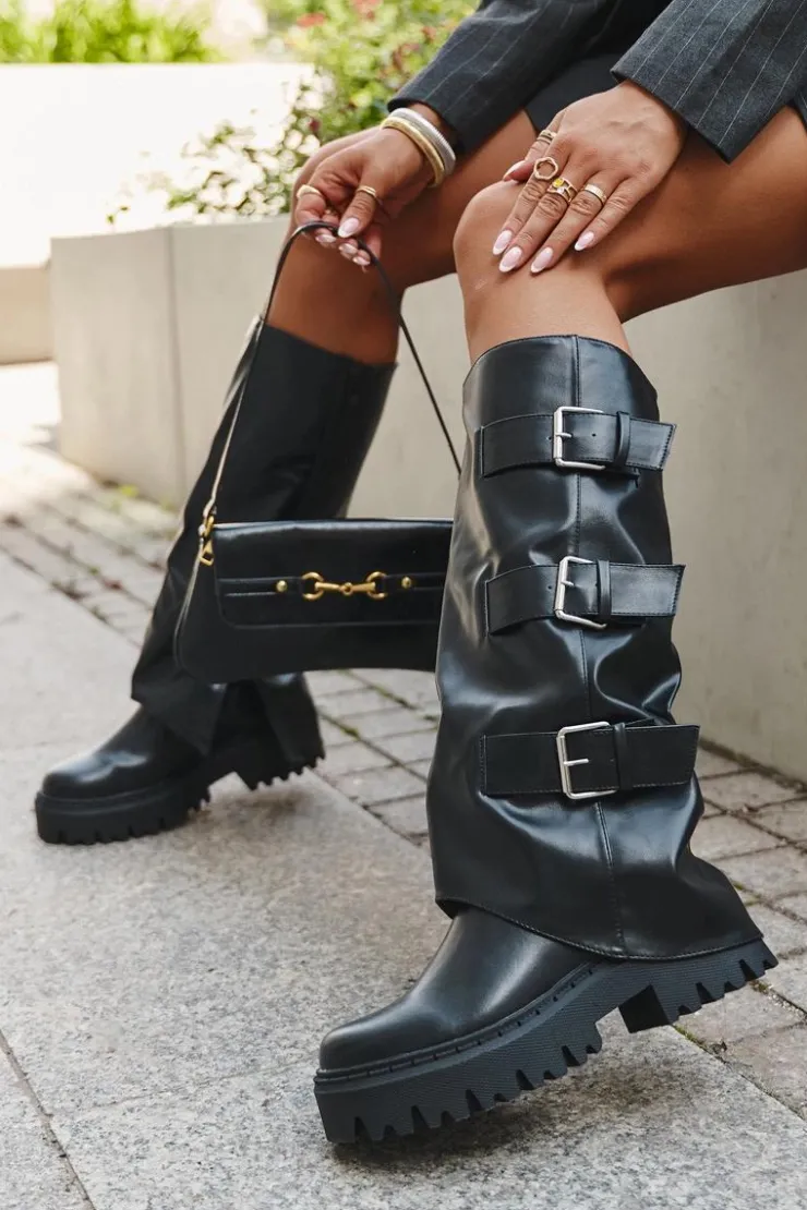 Boto Kozaki Ocieplane|Kozaki Płaskie*Ocieplane Kozaki Damskie Ze Srebrnymi Klamrami Czarne Isavine