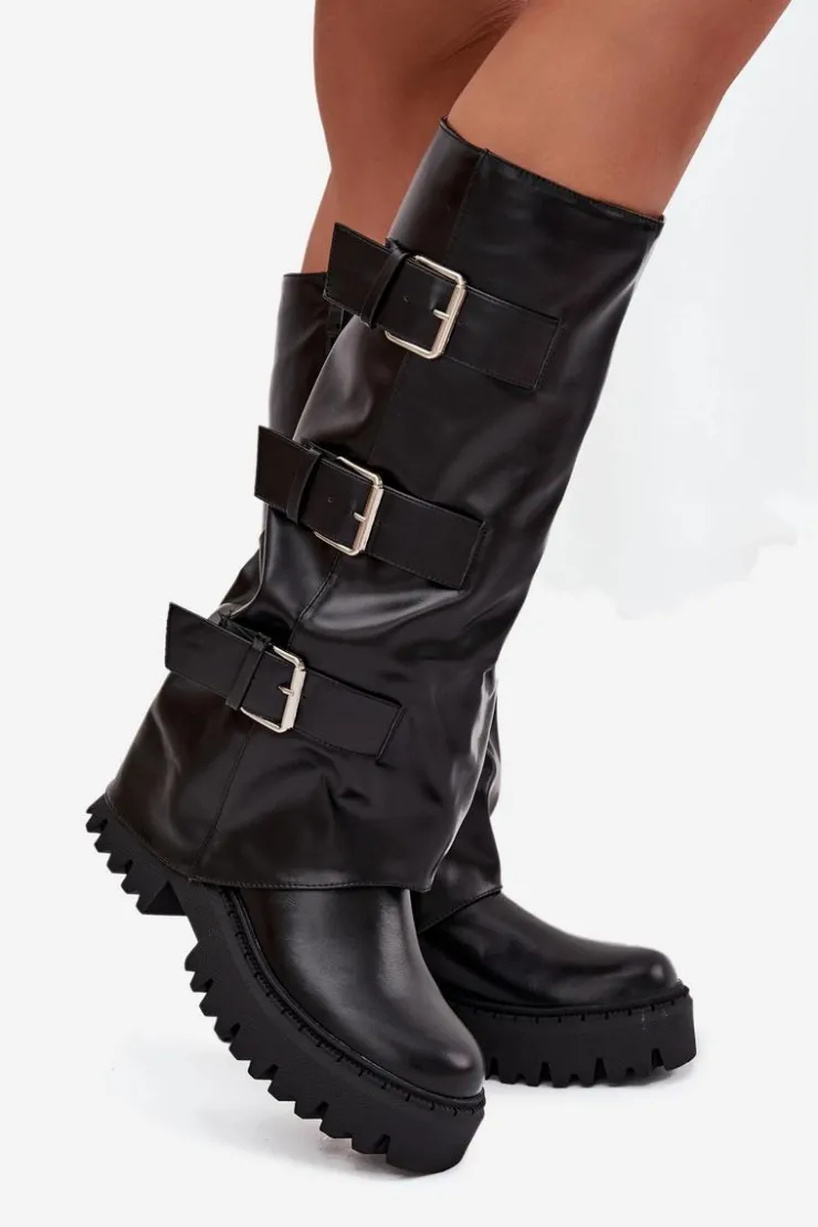 Boto Kozaki Ocieplane|Kozaki Płaskie*Ocieplane Kozaki Damskie Ze Srebrnymi Klamrami Czarne Isavine