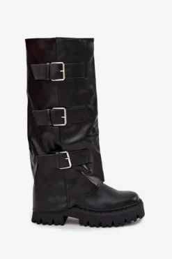 Boto Kozaki Ocieplane|Kozaki Płaskie*Ocieplane Kozaki Damskie Ze Srebrnymi Klamrami Czarne Isavine