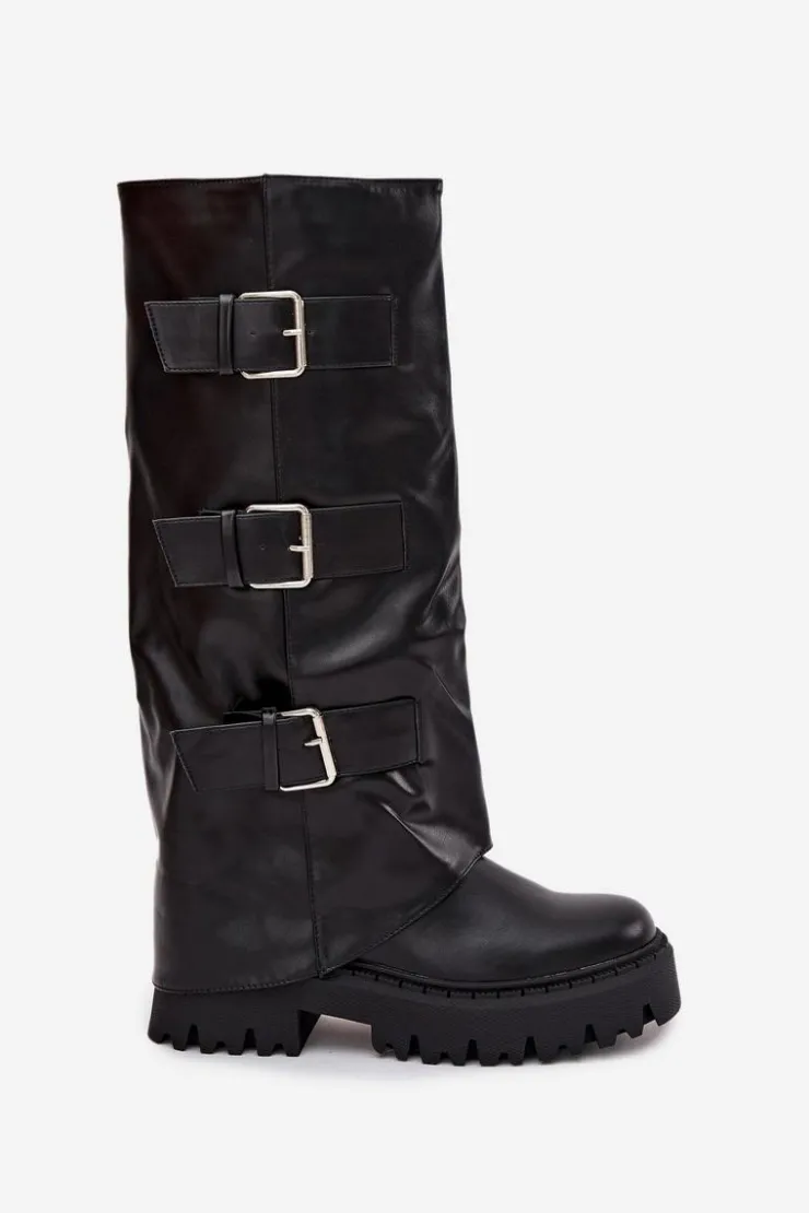 Boto Kozaki Ocieplane|Kozaki Płaskie*Ocieplane Kozaki Damskie Ze Srebrnymi Klamrami Czarne Isavine