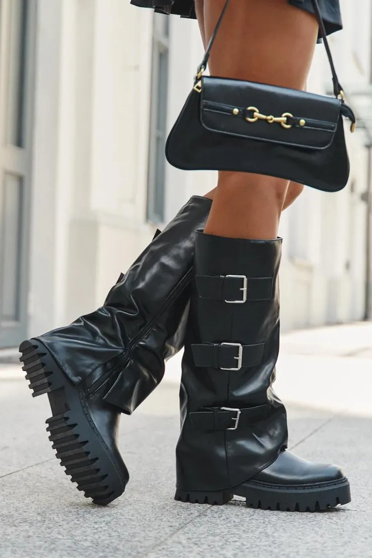 Boto Kozaki Ocieplane|Kozaki Płaskie*Ocieplane Kozaki Damskie Ze Srebrnymi Klamrami Czarne Isavine