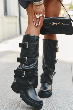 Boto Kozaki Ocieplane|Kozaki Płaskie*Ocieplane Kozaki Damskie Ze Srebrnymi Klamrami Czarne Isavine