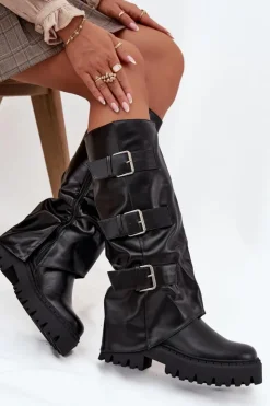 Boto Kozaki Ocieplane|Kozaki Płaskie*Ocieplane Kozaki Damskie Ze Srebrnymi Klamrami Czarne Isavine